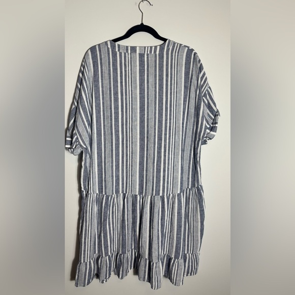 Cupio White & Blue Striped Linen V-Neck Dress | Roll-Tab Sleeves | Boho - Picture 2 of 4